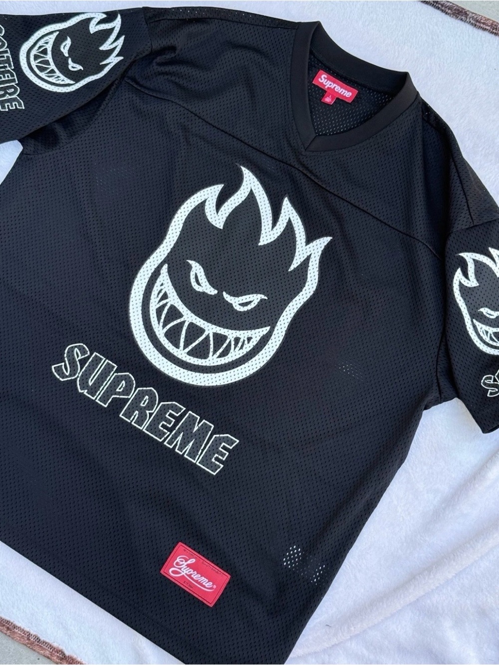Supreme Black Mesh Jersey with White Flame Graphic size XL